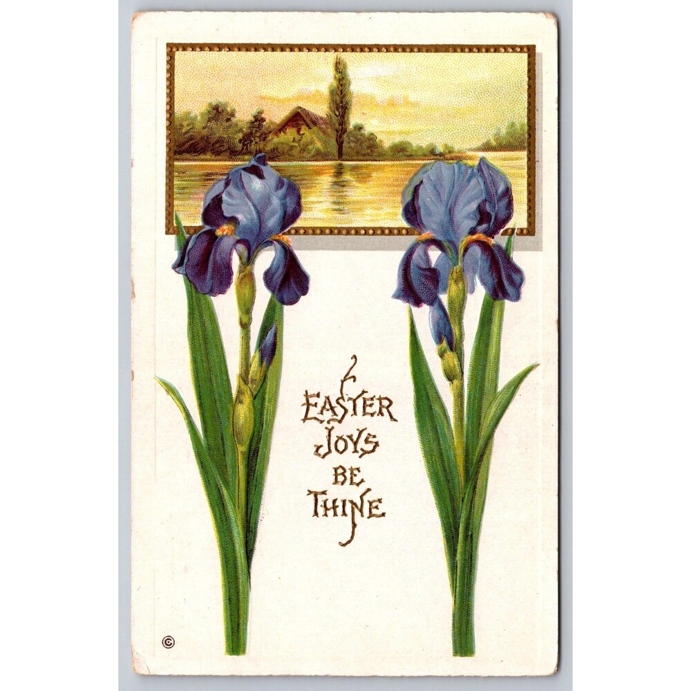 Postcard Antique Easter Joys Be Thine Purple Irises Lake Cottage Unposted c1910
